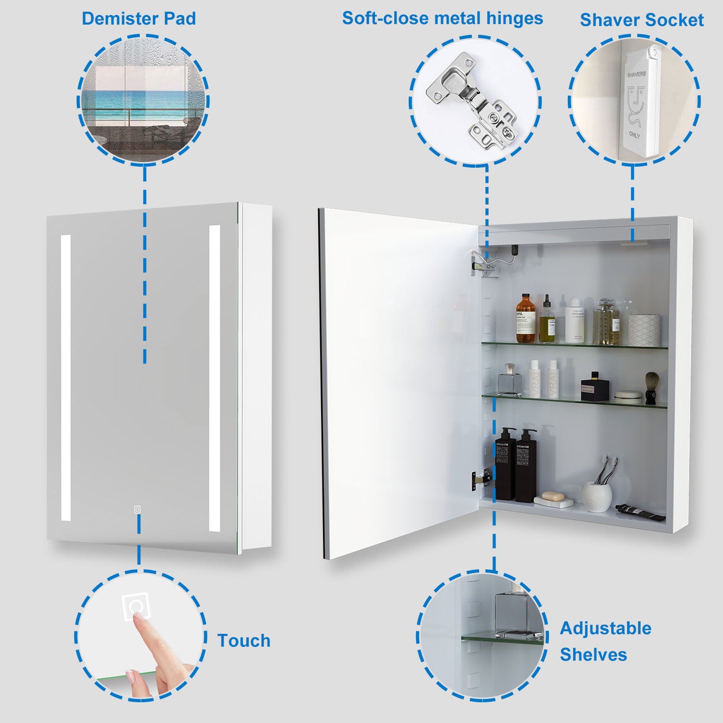 LED Bathroom Mirror Cabinet with Shaver socket and Demister Pad