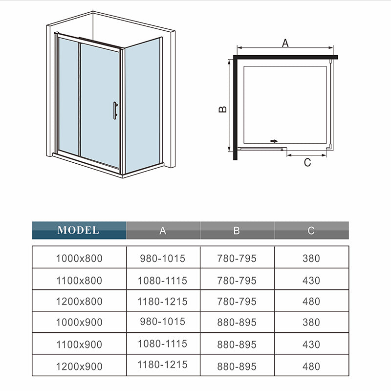 Black Sliding Shower Door Tempered Clear Glass 195cm