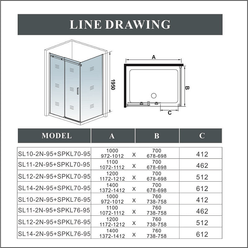 Sliding Shower Door Shower enclosure Side panel 195H