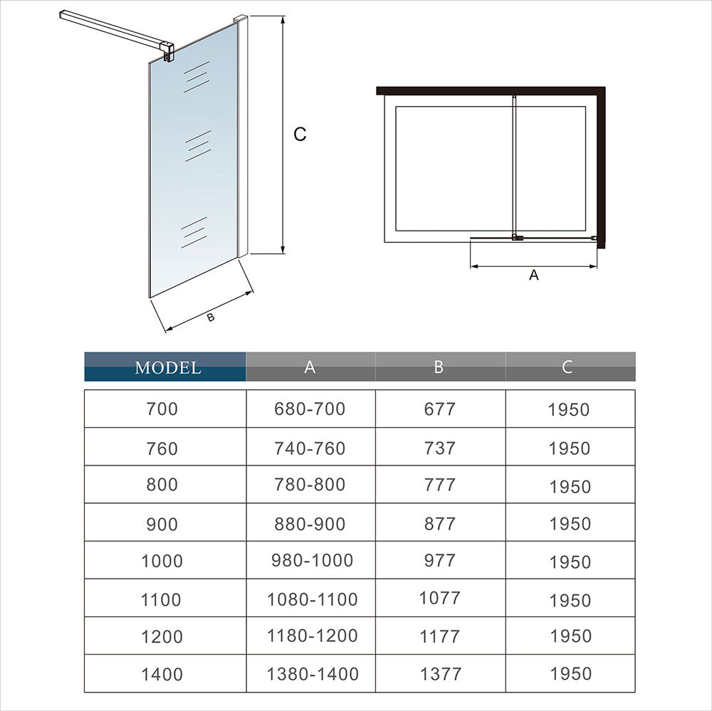 Walk in Shower Screen Panel NANO 8mm thick 195cm H