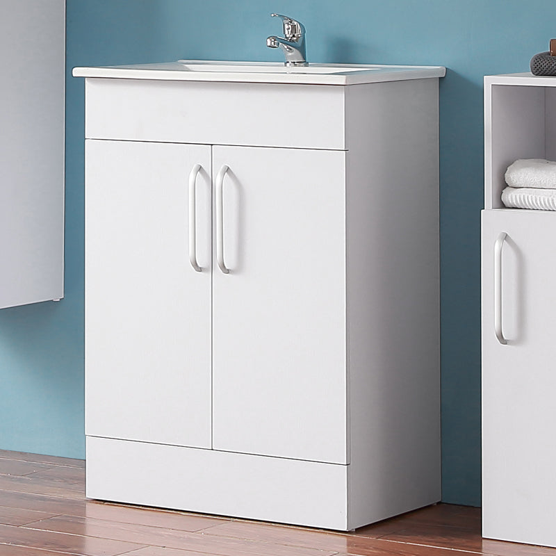 Freestanding 600mm Bathroom Vanity Unit with Basin-White,2 Doors,2 She