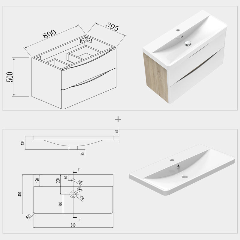 AICA 800mm Bathroom Oak Vanity Units with Resinous Sink Wall Mounted