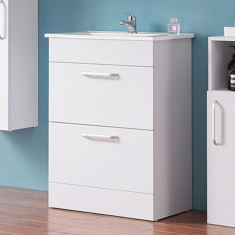 Floor Standing Vanity Units with Basin and Drawers,600mm,White