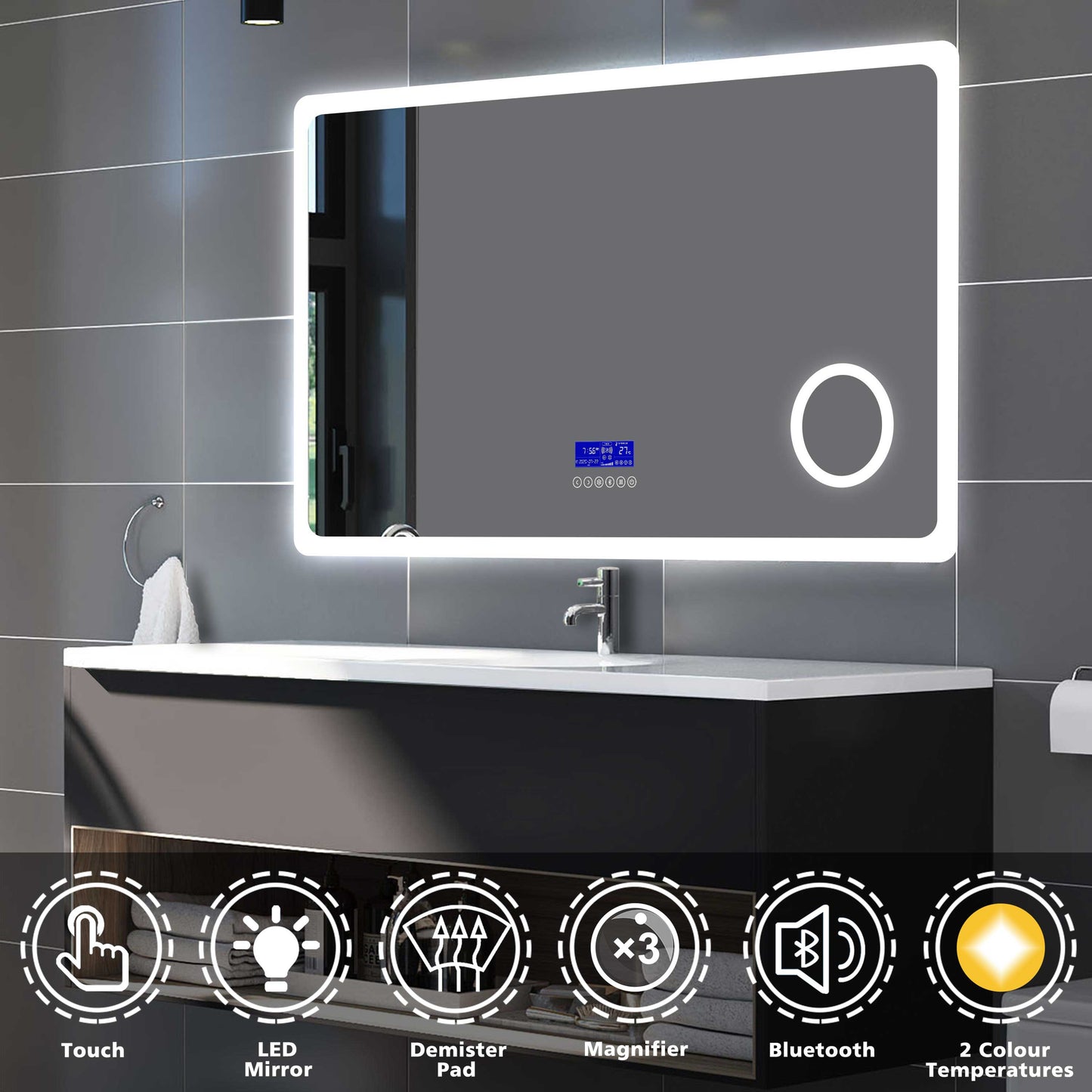 Bluetooth LED Bathroom Mirror with Demister Pad 3x Magnifier 2 Colour