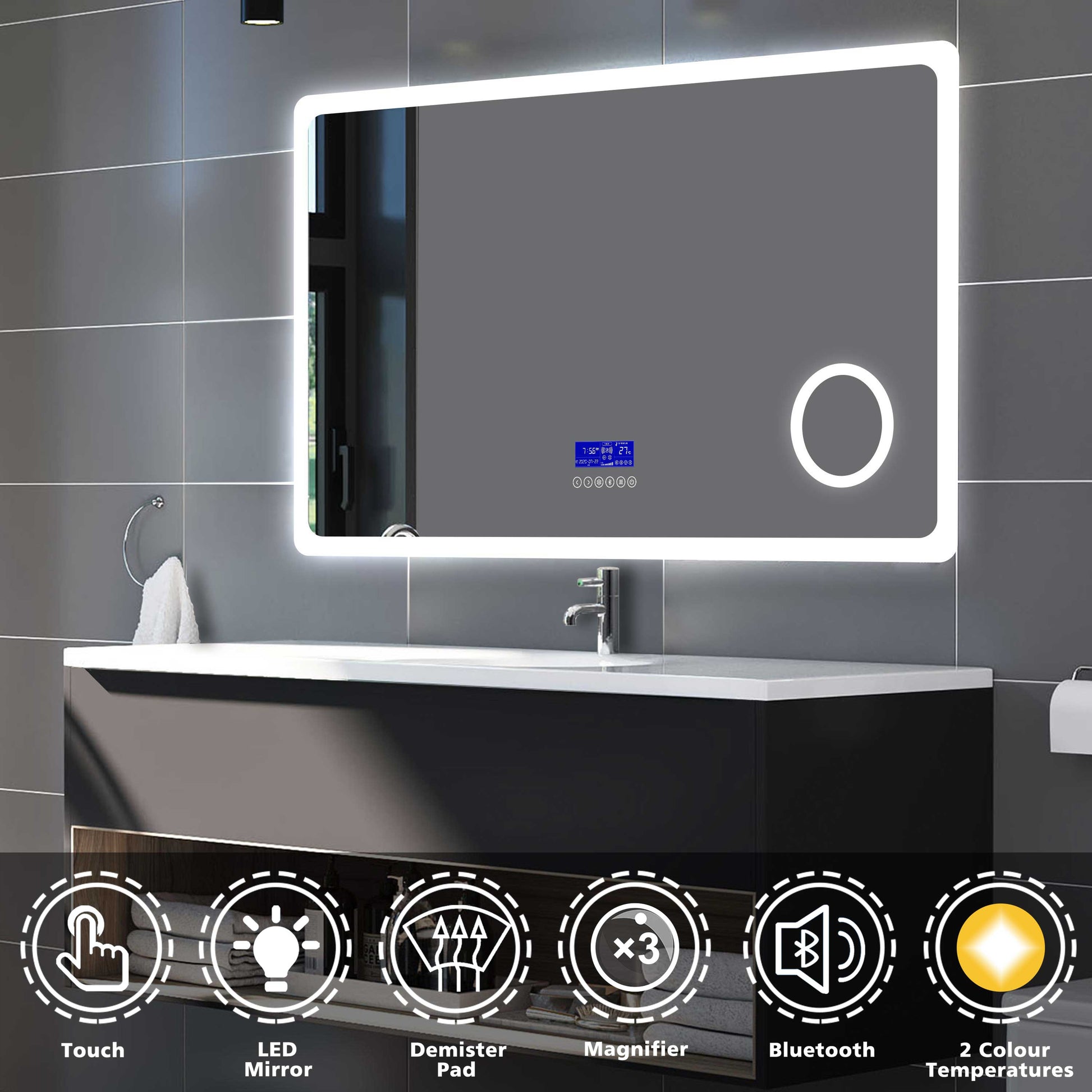 Bluetooth LED Bathroom Mirror with Demister Pad 3x Magnifier 2 Colour – Aica  Bathrooms