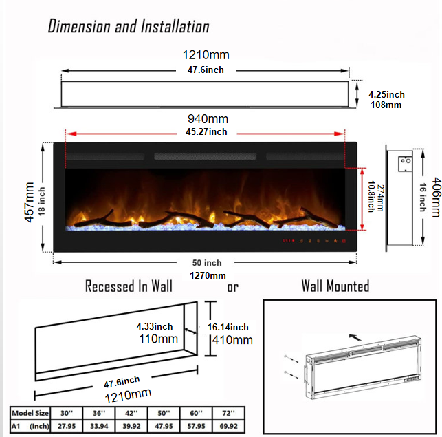 2023 Electric Wall Mounted LED Fireplace 14 Color Wall Inset Black 40 