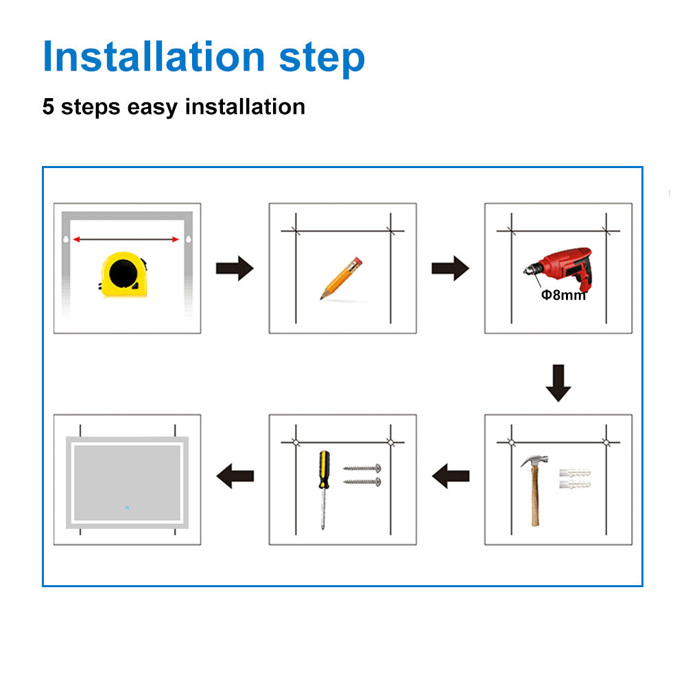 Bathroom Mirror with LED Lights Anti Fog Touch Sensor Switch